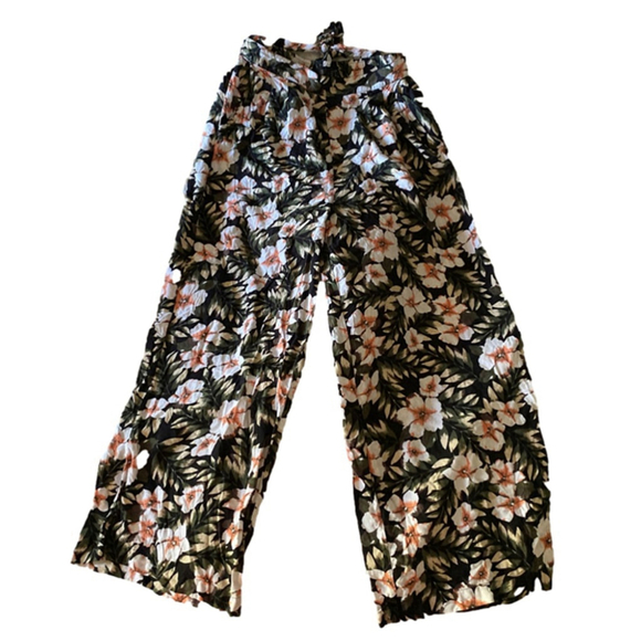 Volcom Women’s Wide-Leg Floral Pants Size Small Black Green Boho Tie Waist - Picture 1 of 6